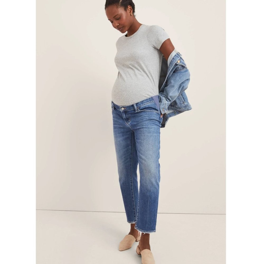 Hatch The Boyfriend Mid Waist Maternity Straight Leg Jeans with Frayed Hem